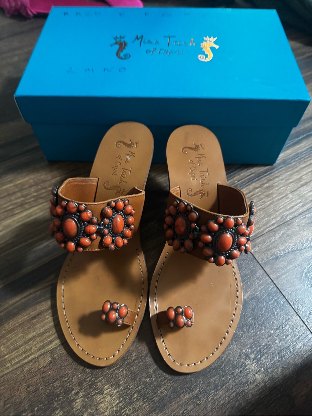 Beaded Coral Embellished Tan Leather Sandalso